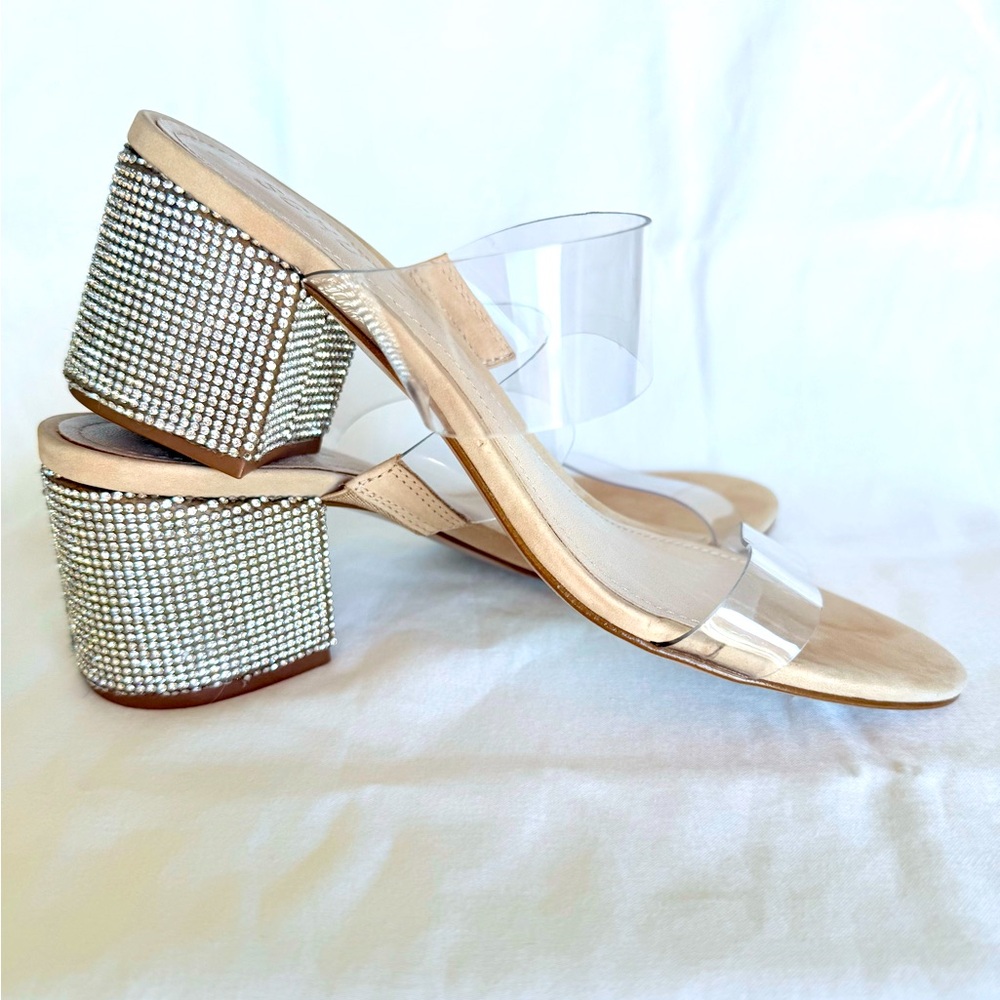SCHUTZ womens 6.5 heel sandal Victorie Crystal Mule in Transparent & Light Wood